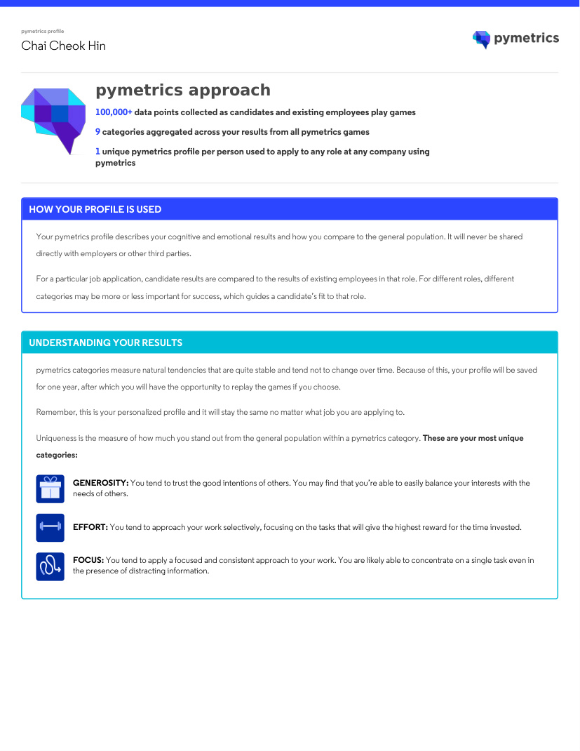 Pymetrics overview showing generosity, effort and focus as most unique categories