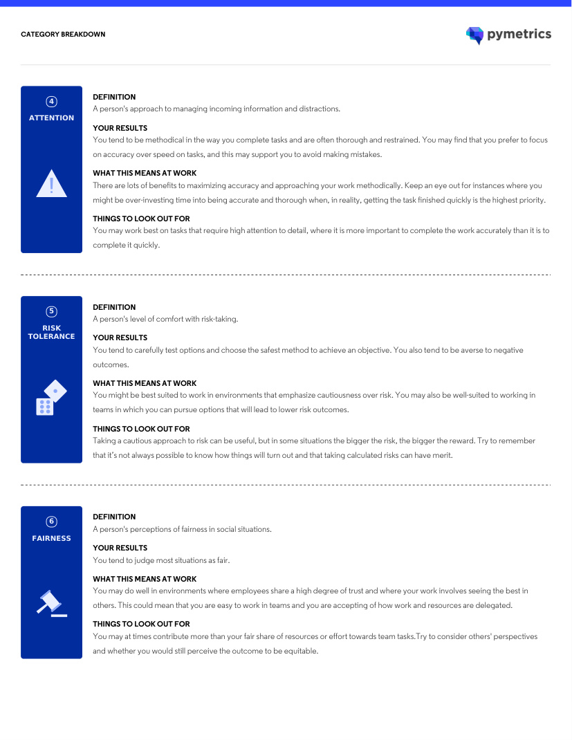 Pymetrics detailed results for attention, risk tolerance and fairness